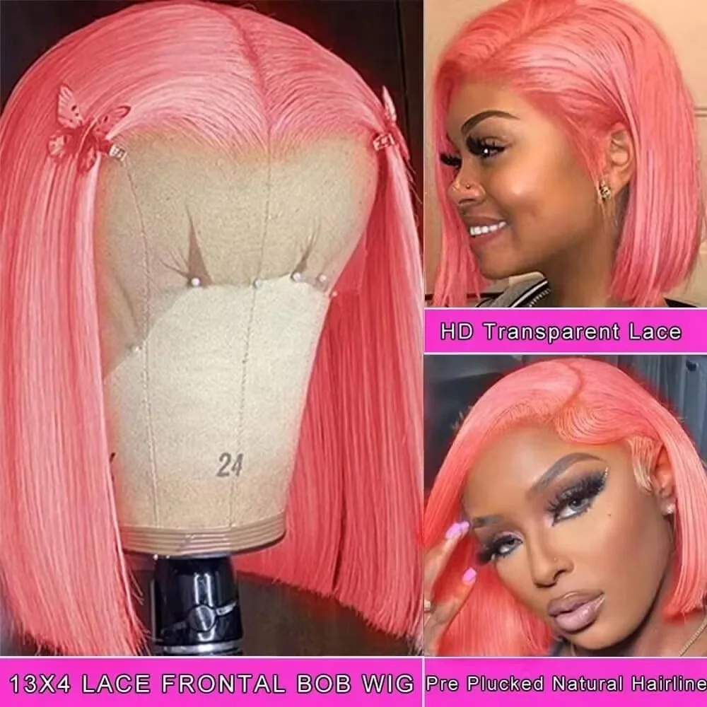 Pre Parted 13X4 Lace Front Bob Wig - Wig Bob Merah Muda 10 Inci,