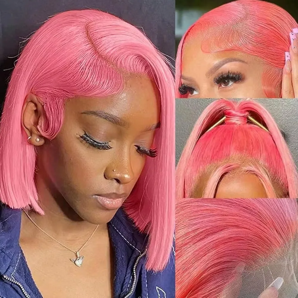 Wig Bob Merah Muda 10 Inci, Ra - Pre Parted 13X4 Lace Front Bob Wig ulasan dan harga